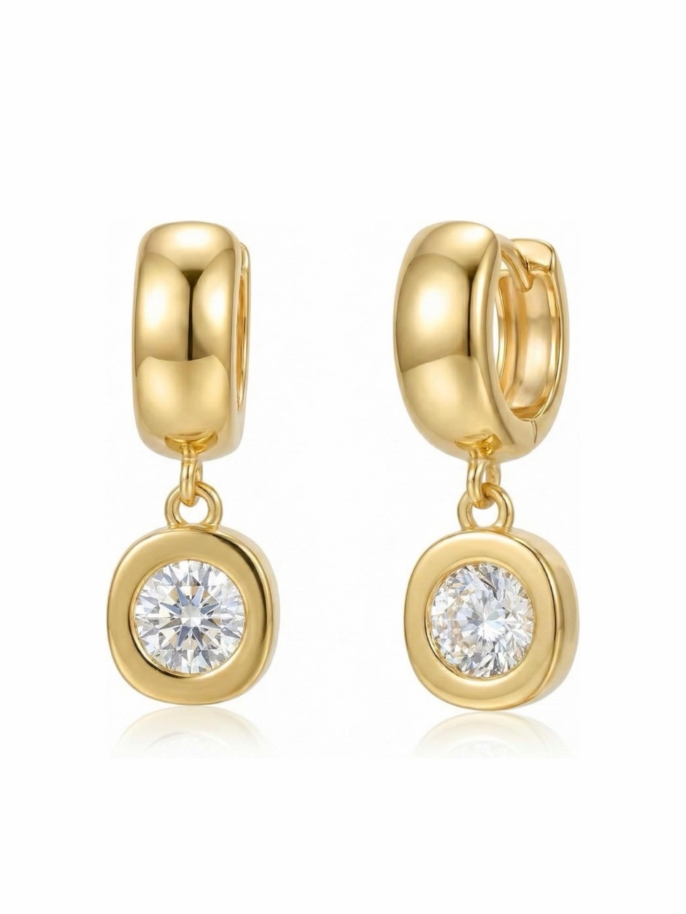 Gold Dangle Hoop Huggie Earrings with Clear Crystal